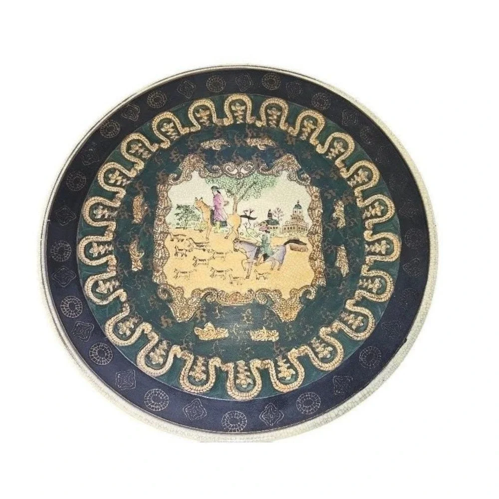 Vintage Chinese Crackle Glaze Decorative Plate Fox Hunt and Matching Bowl w/ Lid